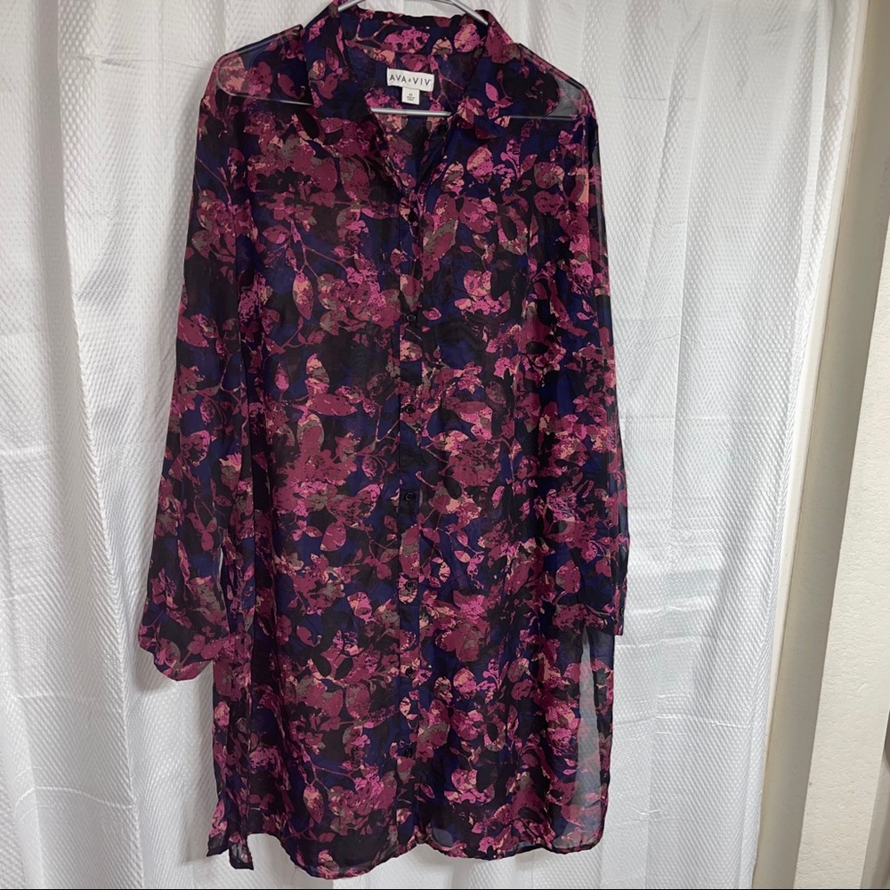 2X -Long sheer floral print top by Ava & Viv